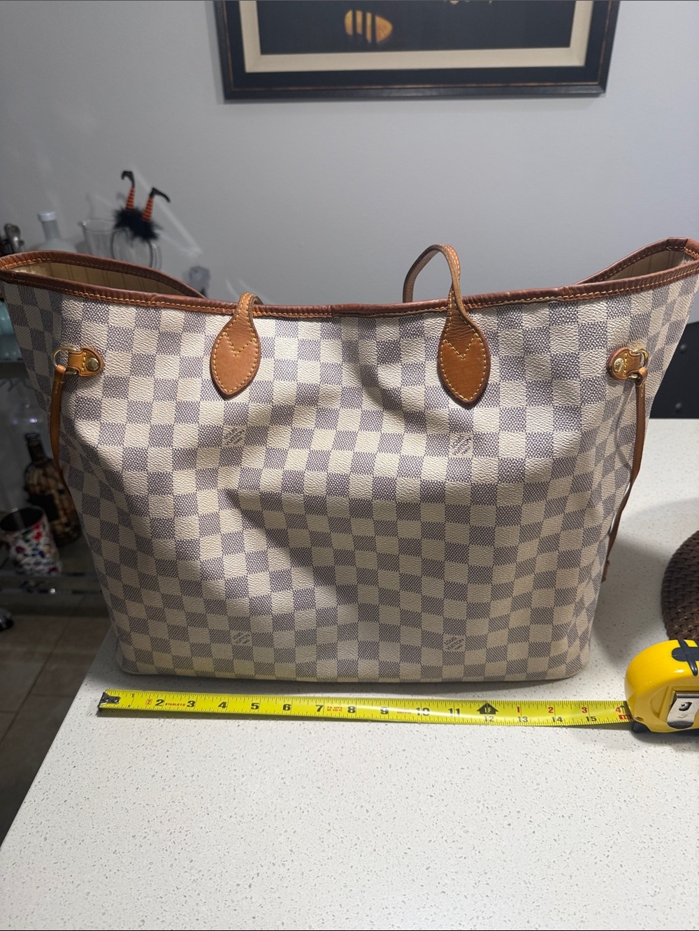Louis Vuitton Cream Checkered Tote with Tan Leather Trim